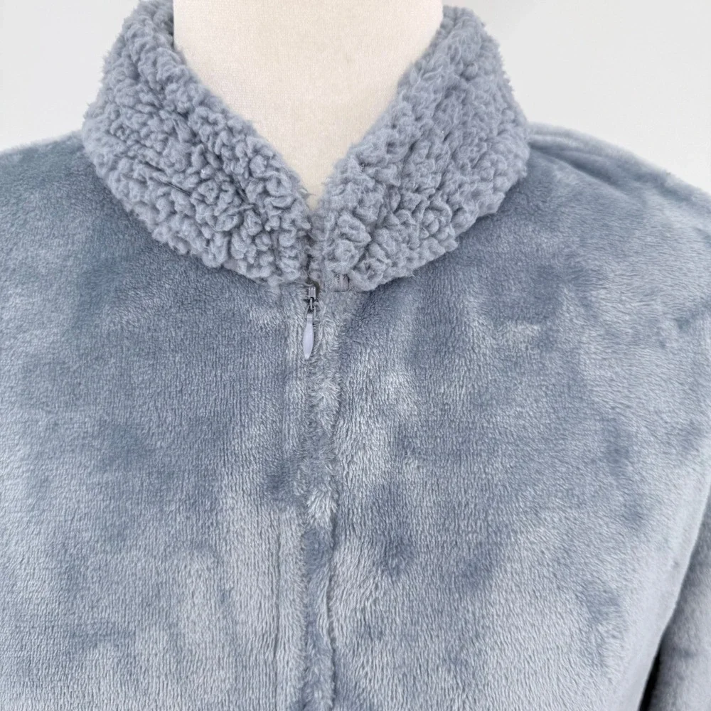 Natori Slate Blue Plush Faux Fur Half Zip Long Robe Sherpa Trim Size M Cozy Warm